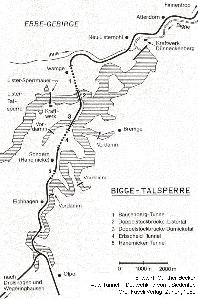 Karte der Bigge-Talsperre (Entwurf: Günther Becker, aus Tunnel in Deutschland von I. Siedentop, Orell Füssli Verlag, Zürich, 1980)